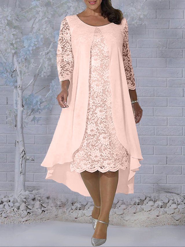 Plus Size Solid Chiffon Lace 3/4 Sleeve Fake Two Pieces Midi Dress