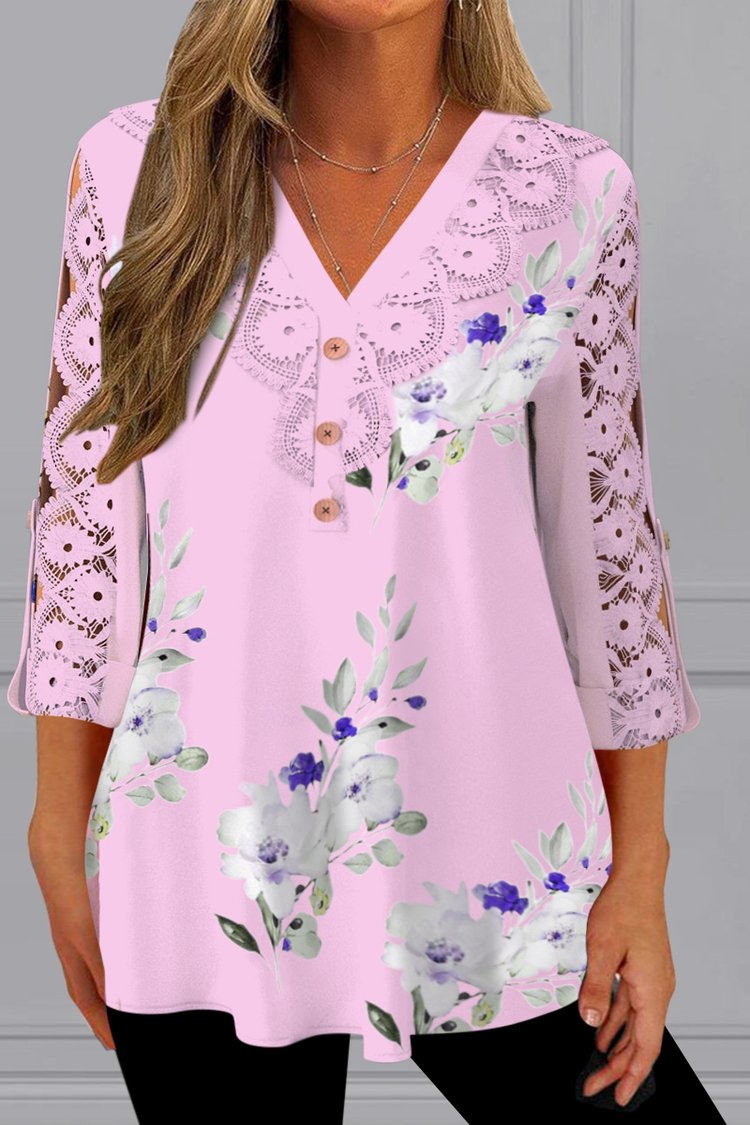 Flycurvy Plus Size Lace Patchwork V Neck Floral Print Blouse