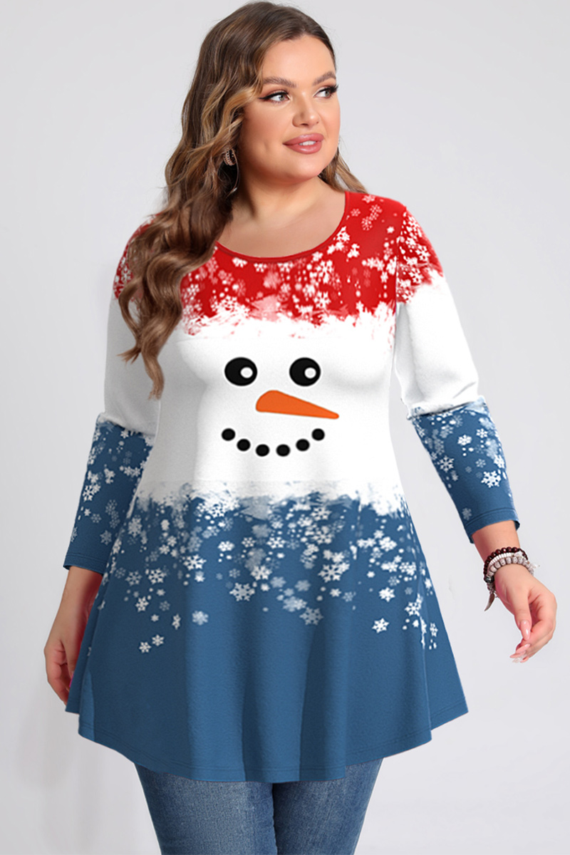 Flycurvy Plus Size Christmas Casual Blue Ombre Snowflake Snowman Print Long Sleeve T-Shirt