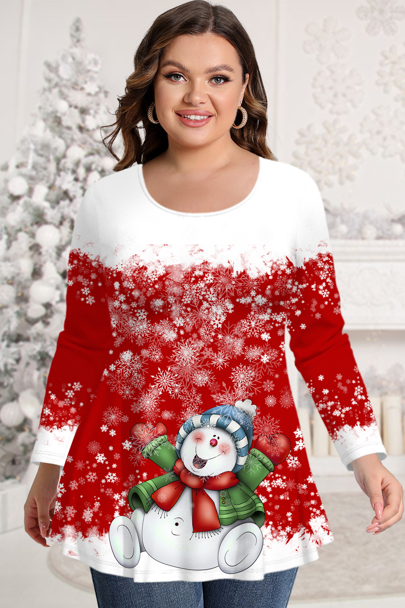 Flycurvy Plus Size Christmas Casual Red Ombre Snowflake Snowman Print Long Sleeve T-Shirt