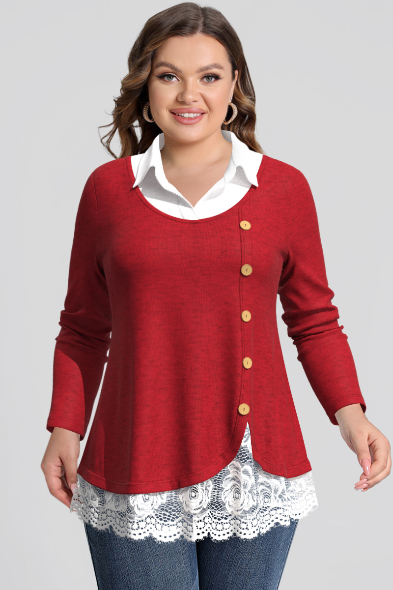 Flycurvy Plus Size Casual Red Lace Stitching Single Breasted Shirt Collar Blouse