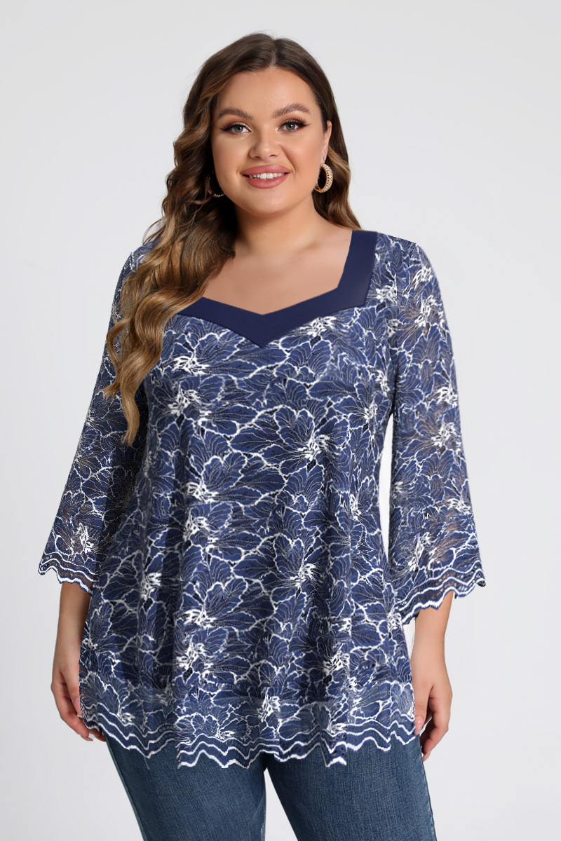Flycurvy Plus Size Casual Navy Blue Lace Wavy Square Neck Flare Sleeve Blouse
